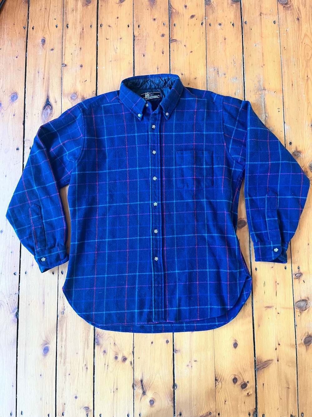 Vintage 80s Lobo by Pendleton 100% Wool Blue Plaid Button Down Flannel Shirt